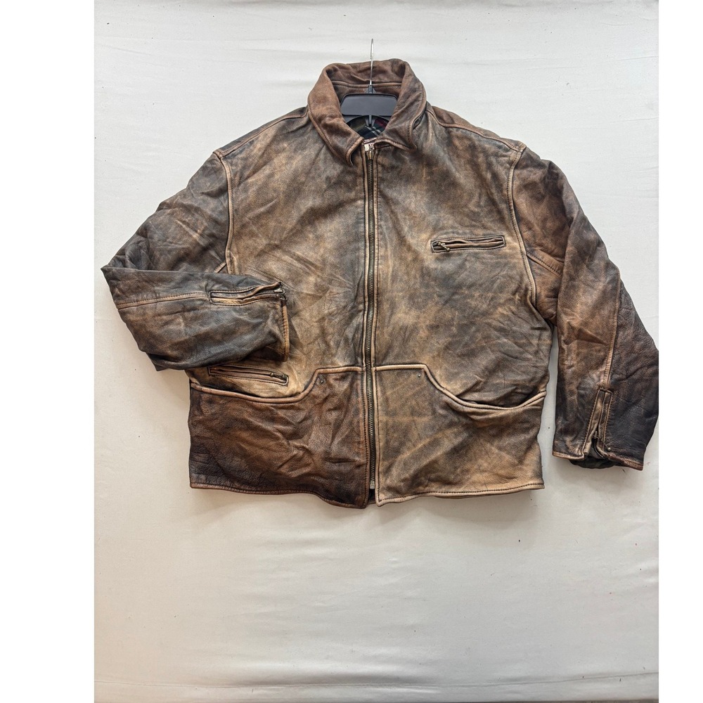 Vintage Distressed Brown Leather Bomber Jacket Plaid Lined Full Zip XL